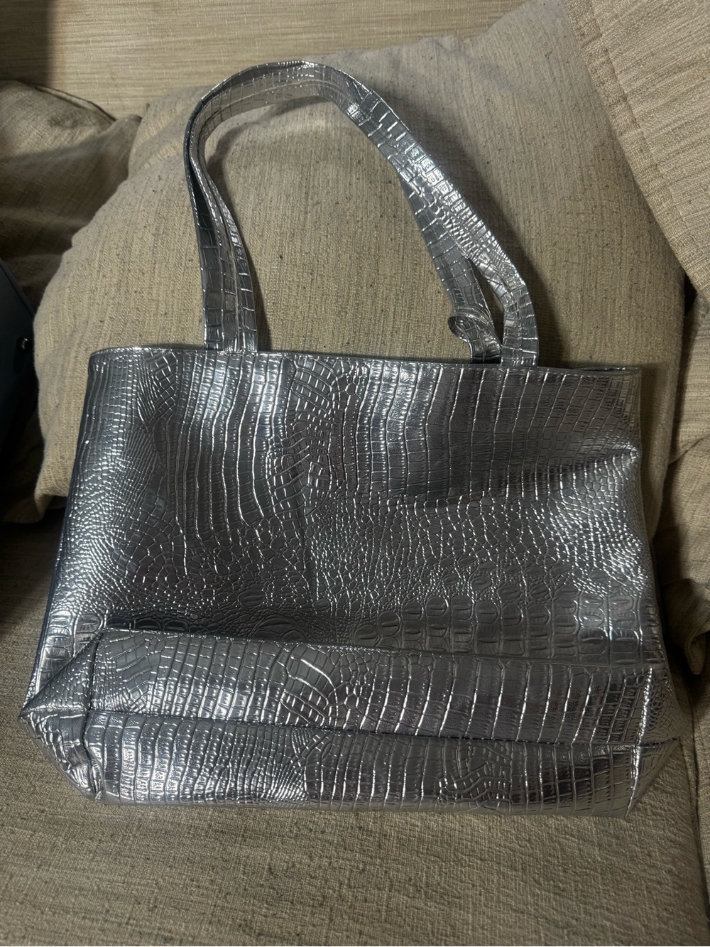 Croc-Embossed Metallic Silver Tote Bag